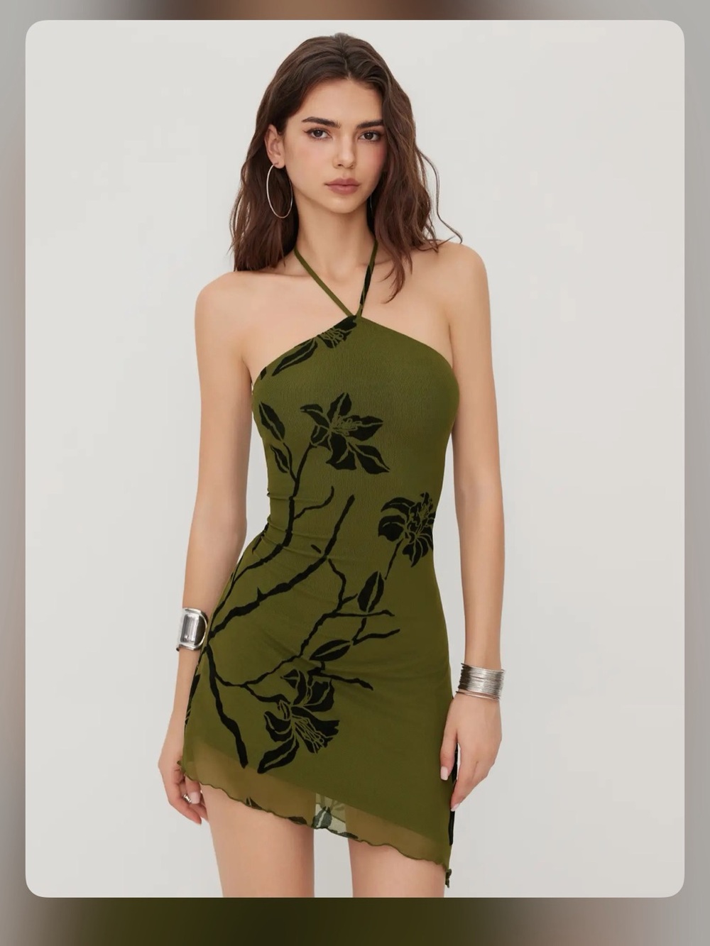 MESH HALTER NECKLINE FLORAL GRAPHIC KNOTTED ASYMMETRICAL HEM MINI DRESS